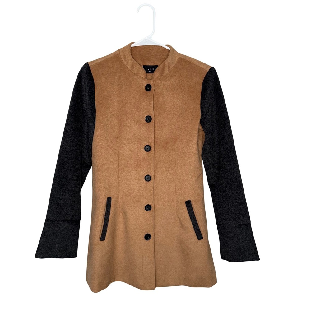 VICI Colorblock Coat Women Small Tan Black Excellent Button Front Stand Collar